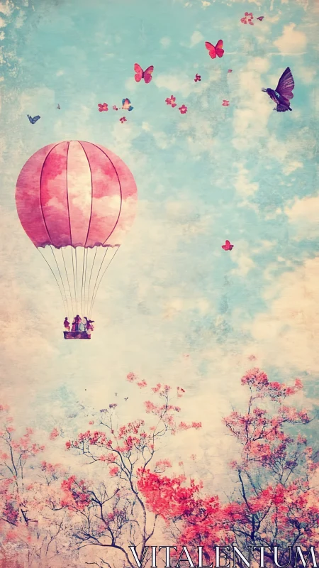 Dreamy pink balloon drifting through a sky of butterflies.