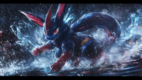 Storm-charged creature lunging through luminous rainstorm.