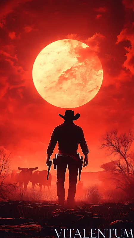 Lone cowboy strides under a blazing moonlit desert sky