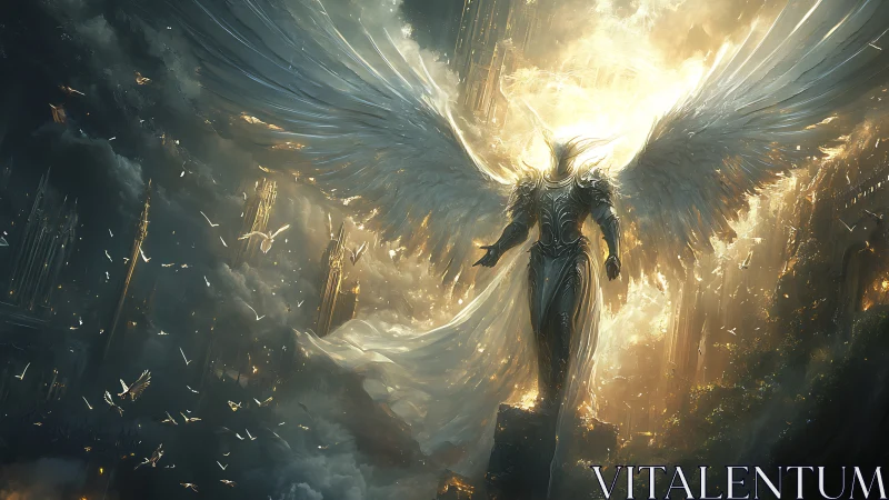 Celestial armored seraph in radiant apocalyptic skyline.