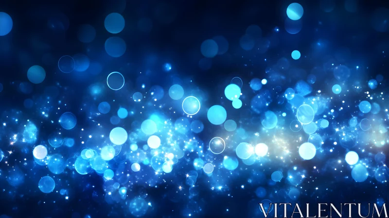 Abstract blue bokeh background with glowing light orbs and sparkles.