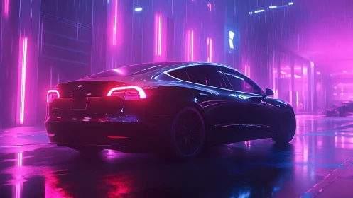Electric sedan glows under neon rain in cyberpunk alley.