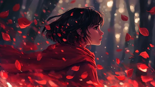 Girl in red cloak walks through a glowing autumn forest