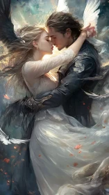 Celestial Embrace: Two Figures in Romantic Flight with Ethereal Wing Structures