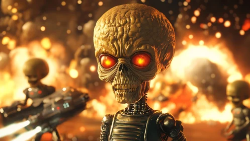 Alien warlord surveys fiery battlefield in vivid detail.