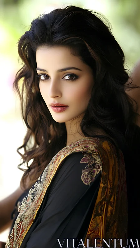 Portrait shows poised woman in ornate embroidered sari