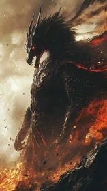 Infernal dragon warlord rises from a storm of fire.
