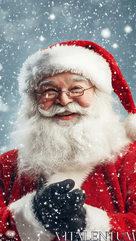 Joyful Santa Claus portrait framed by softly falling snow.