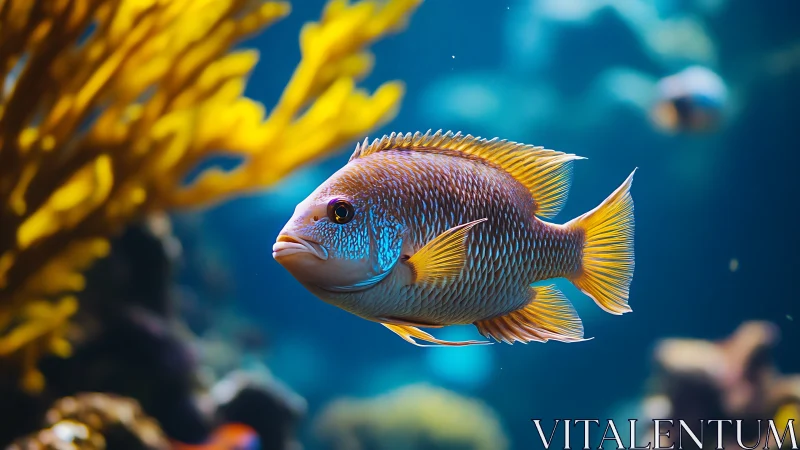 Colorful tropical fish glides through sunlit coral reef scene.