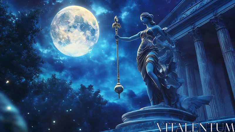 Moonlit statue of justice stands before classical courthouse