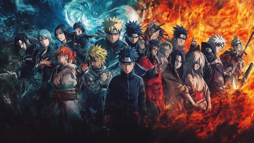 Epic ninja warriors divide between swirling water and fire