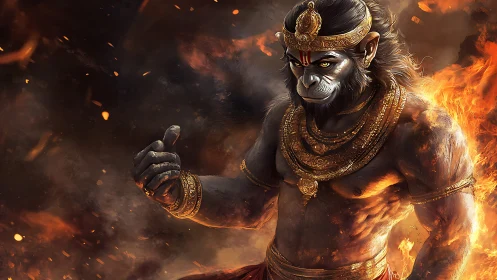 Mythic simian warrior amid volumetric fire dynamics.