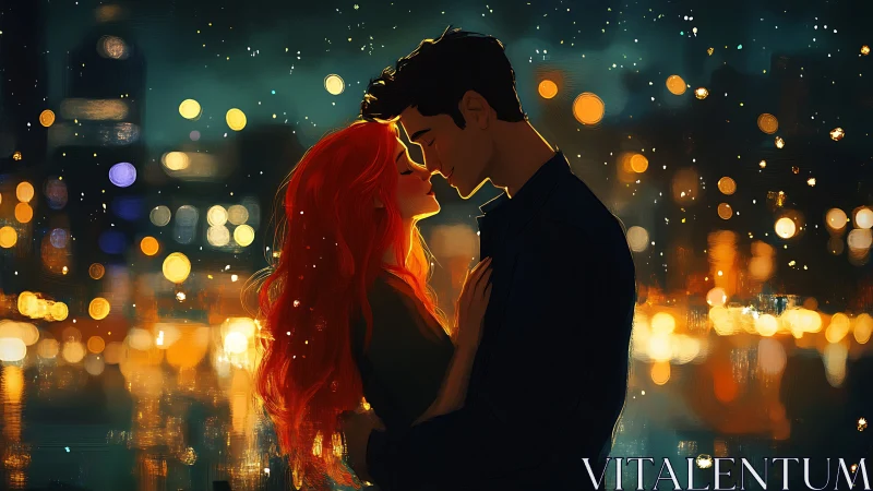 Couple Sharing a Kiss Under Glowing City Lights at Night