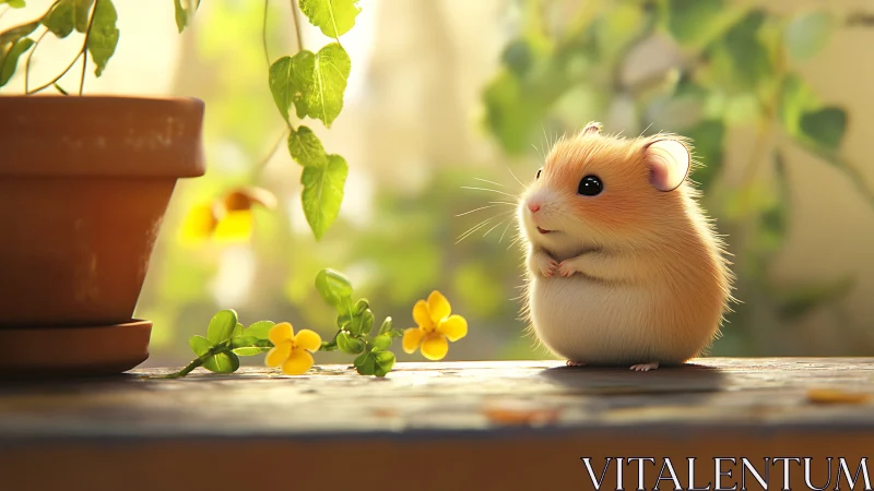 Small rodent rendered beside pot and flowers on table surface