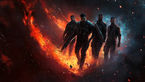 Elite soldiers stride through cosmic firestorm of war.
