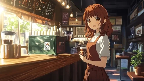 Sunlit anime barista in warmly rendered artisanal café interior.