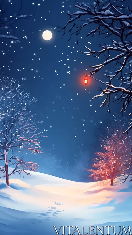 Moonlit winter path with red lantern and soft snow trails