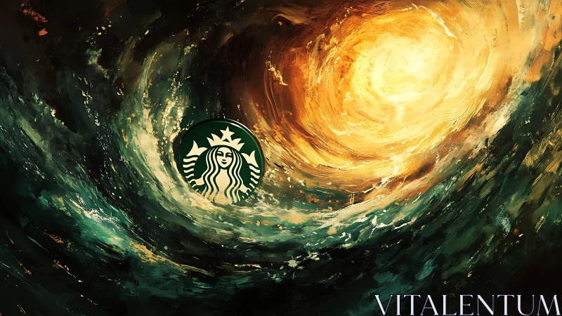 Swirling ocean vortex with stylized siren emblem near radiant core