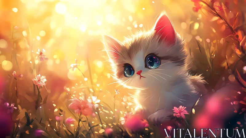 Luminous Kitten in Glowing Flower Field