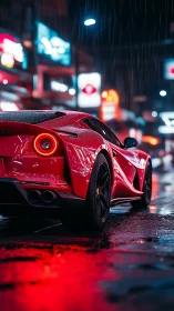 Red sports coupe on wet neon city street at night.