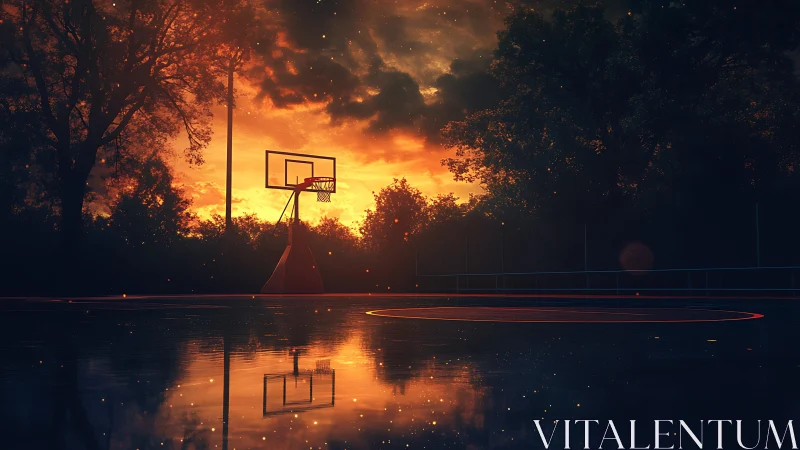 Sunlit urban basketball court mirrored in wet pavement glow.