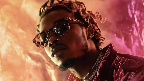 Solar-glow swagger portrait in molten pink and amber haze.