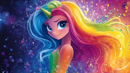 Chromatic unicorn portrait in nebular splatter field composition.