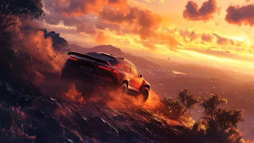 Red SUV descending dusty hillside under orange sky at dusk.