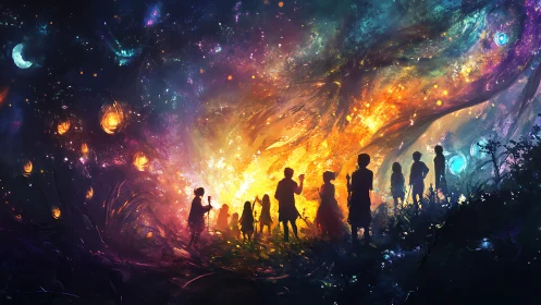 Starlit children convene beside a swirling cosmic dawn