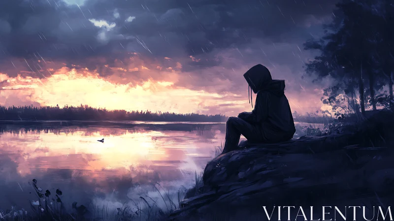 Solitary hooded figure by a lake at rainy sunset.