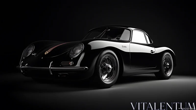Glossy black vintage coupe under sculpted studio lighting.