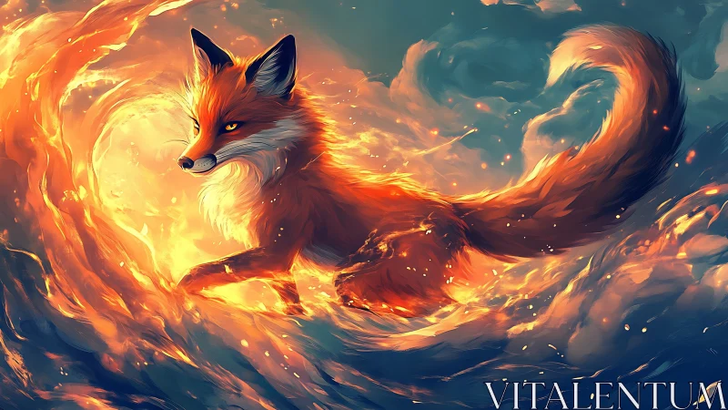 Digital painting of fiery fox amid swirling elemental waves.