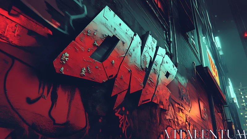 Oblique neon alleyway with corroded DNP graffiti extrusion.