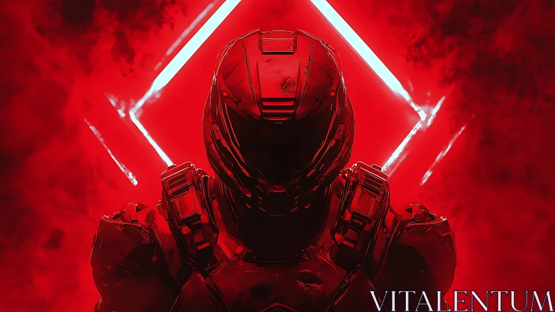 Tactical exosuit silhouette under red volumetric backlighting.