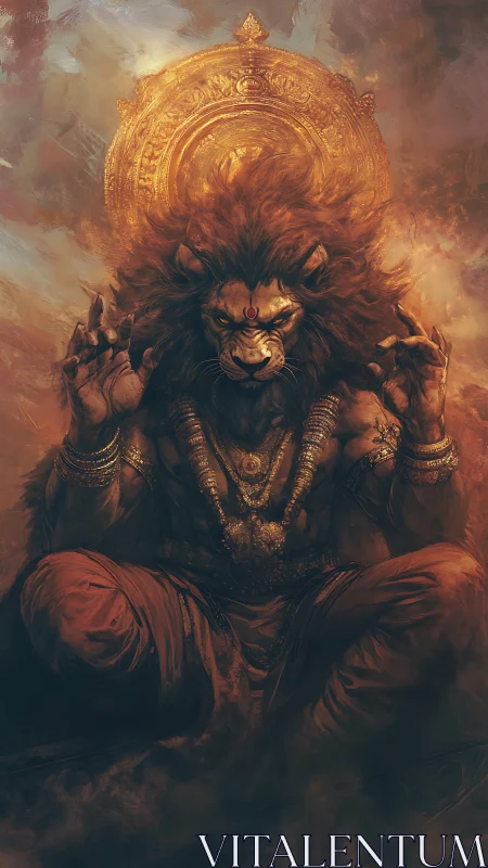 Lion-headed deity sits in fiery haze of divine power
