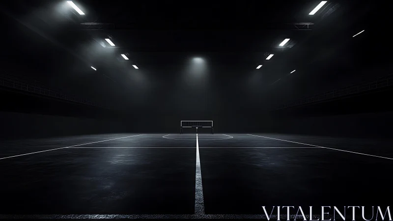 Dim indoor tennis court recedes into deep atmospheric darkness