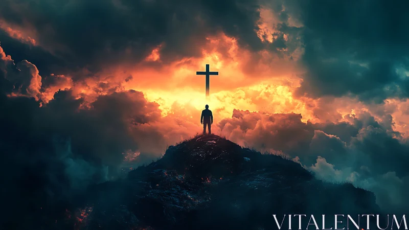 Lone figure on a fiery hill beneath a radiant cross sky.