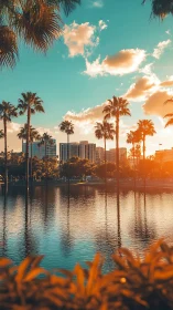 Urban skyline behind palm-lined lake at low sun angle.