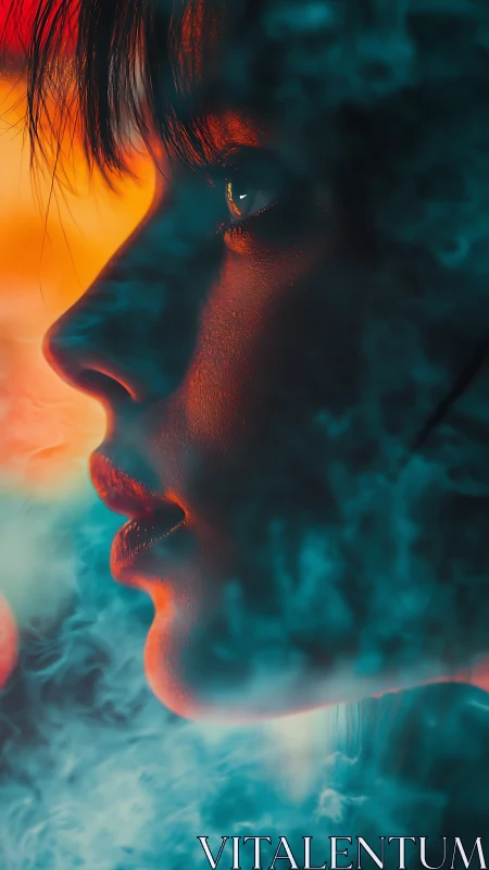 Quiet neon gaze wrapped in swirling teal and ember mist.