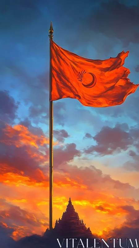 Red flag with crescent emblem flies above temple at sunset