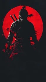 Blood-red moon crowns a lone shadowed ronin warrior.