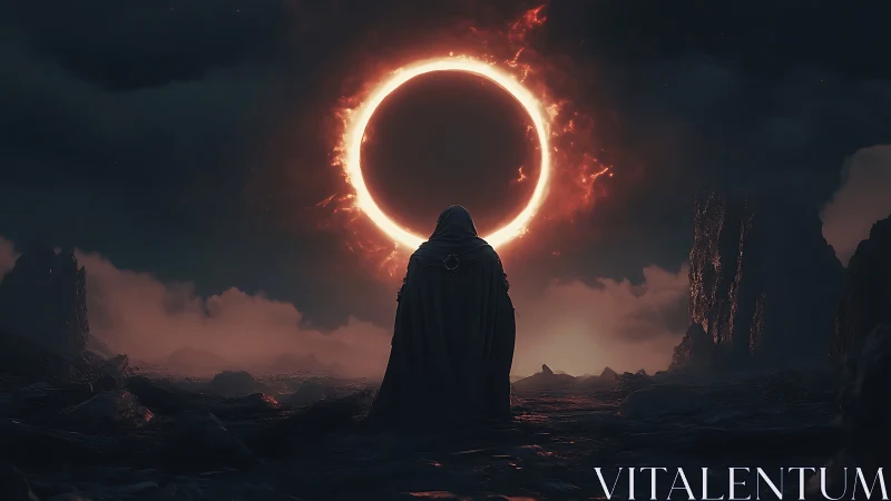 Cloaked figure observing fiery circular eclipse in wasteland.