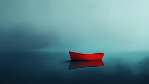 Red rowboat on still blue water in minimal foggy scene.