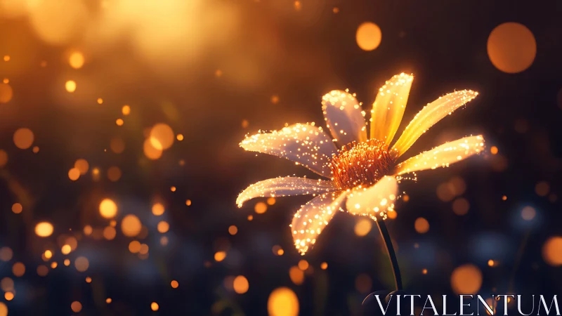 Luminous daisy macro in warm bokeh field, digital painting.