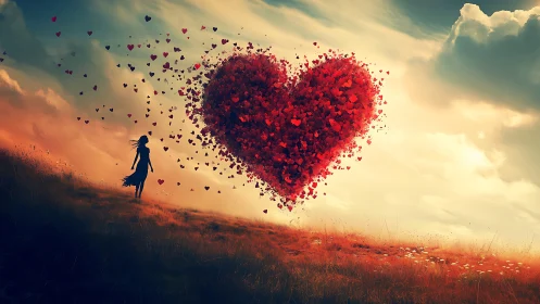 Silhouetted figure dispersing fractured heart particles into golden-hour sky.