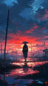 Lone wanderer strolling beneath a glowing crimson sunset sky.