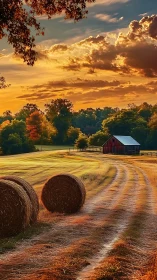 Golden hayfield sunset frames rustic barn and winding track.