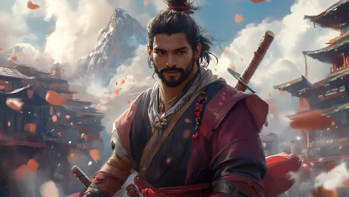 Samurai warrior framed by petals in painterly mountain city.