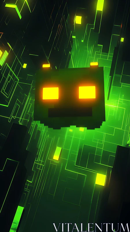 Glowing voxel sprite drifts through a neon green data canyon