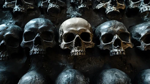 Metallic human skull sculptures form dense repeating pattern